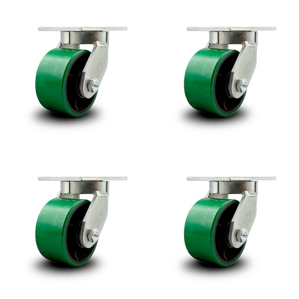 6 Inch Heavy Duty Green Poly on Cast Iron Swivel Caster Set with 2 Swivel Locks